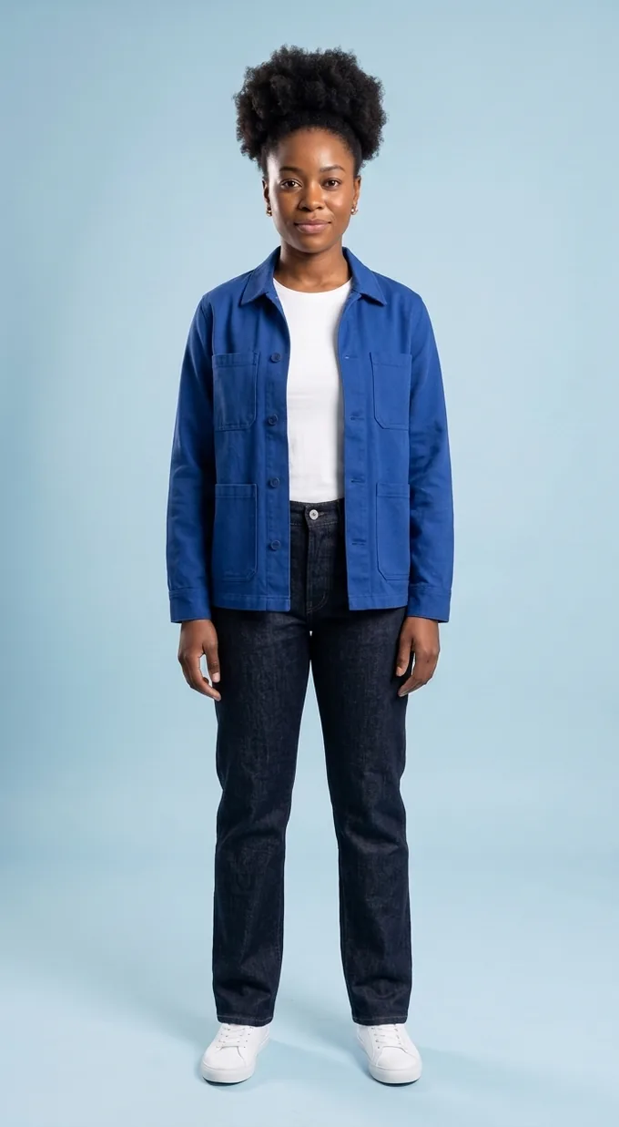 Ama wearing the cobalt chore jacket with dark jeans
