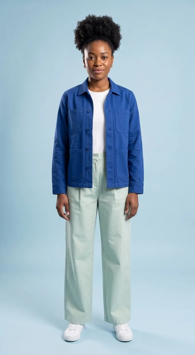 Ama wearing the cobalt chore jacket and mint trousers, same pose and backdrop as her base photo