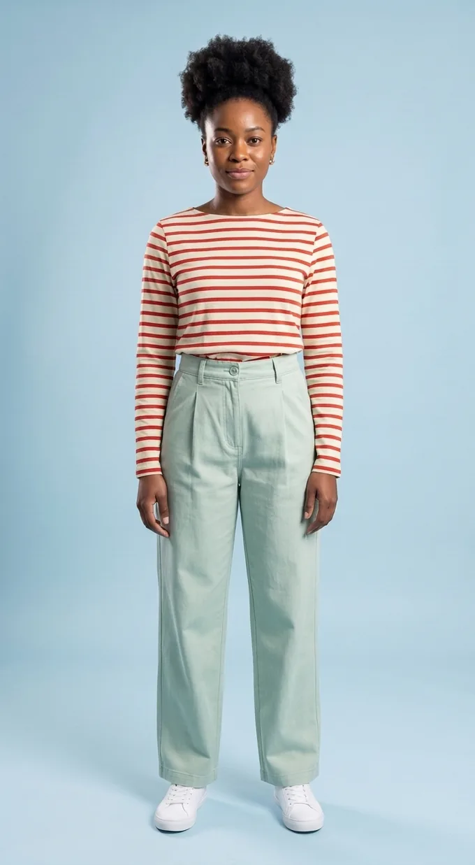 Ama in the striped long-sleeve tee and mint wide-leg trousers