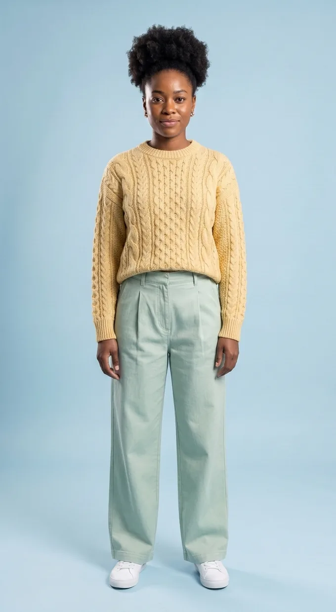 Ama in the yellow cable sweater and mint wide-leg trousers