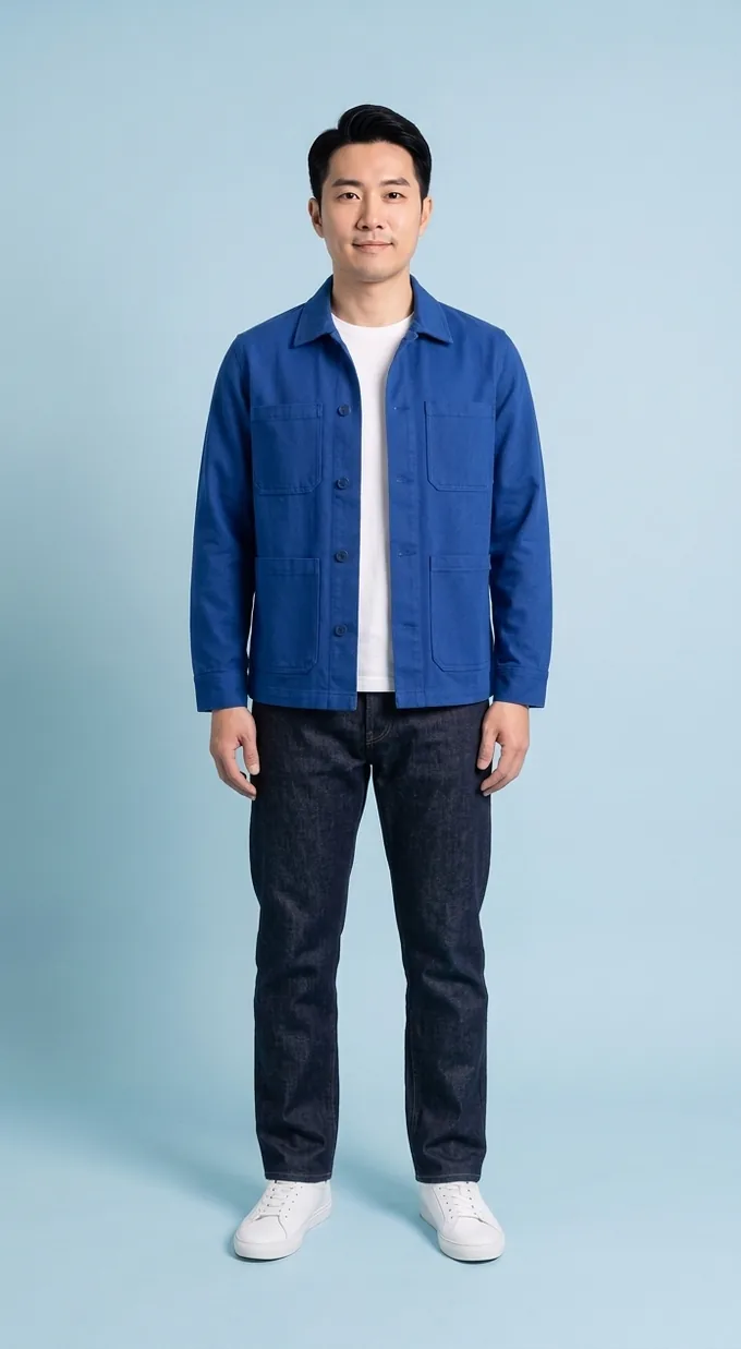 Jun wearing the cobalt chore jacket with dark jeans