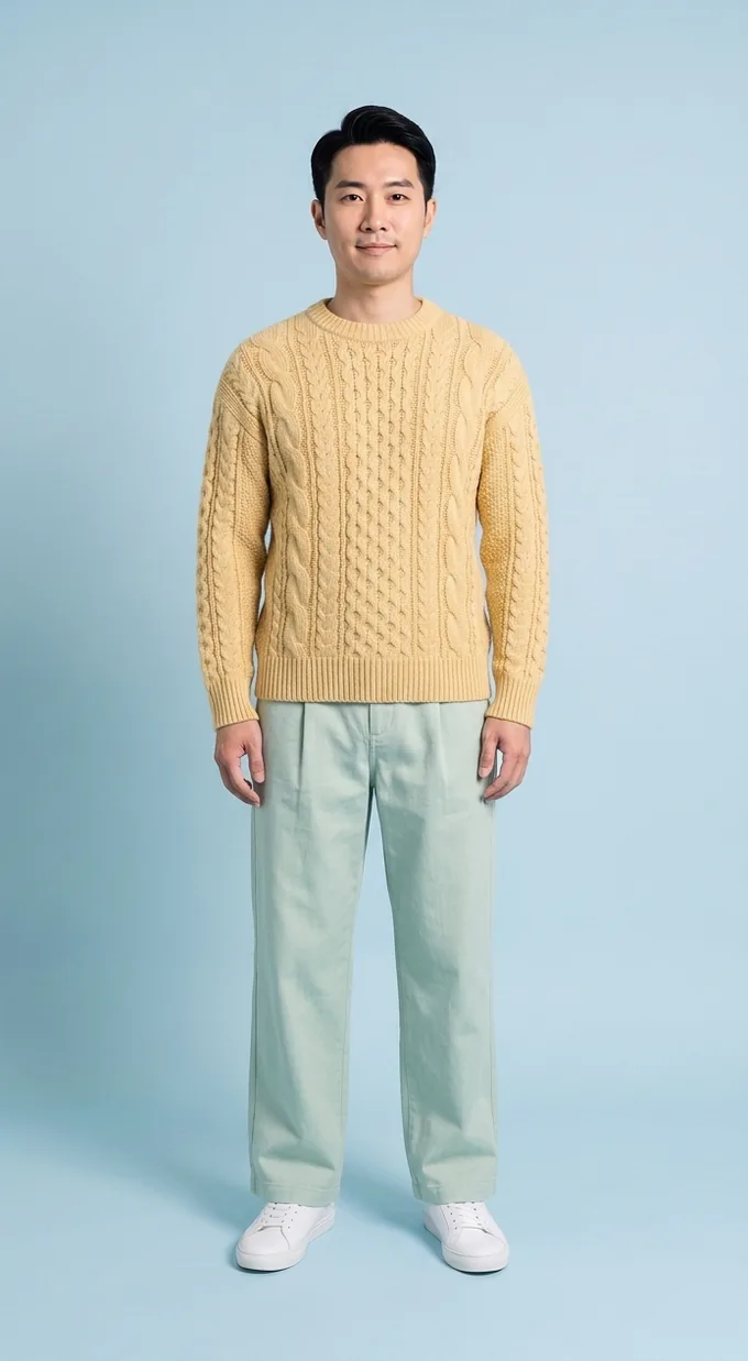 Jun in the yellow cable sweater and mint wide-leg trousers
