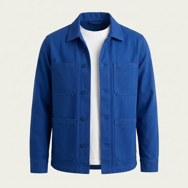 Product photo of the cobalt chore jacket over a white tee
