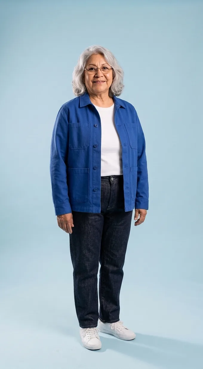 Rosa wearing the cobalt chore jacket with dark jeans