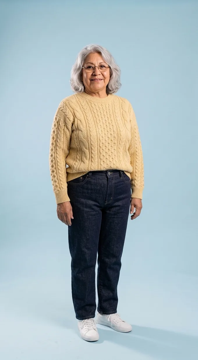 Rosa in the yellow cable sweater and dark jeans
