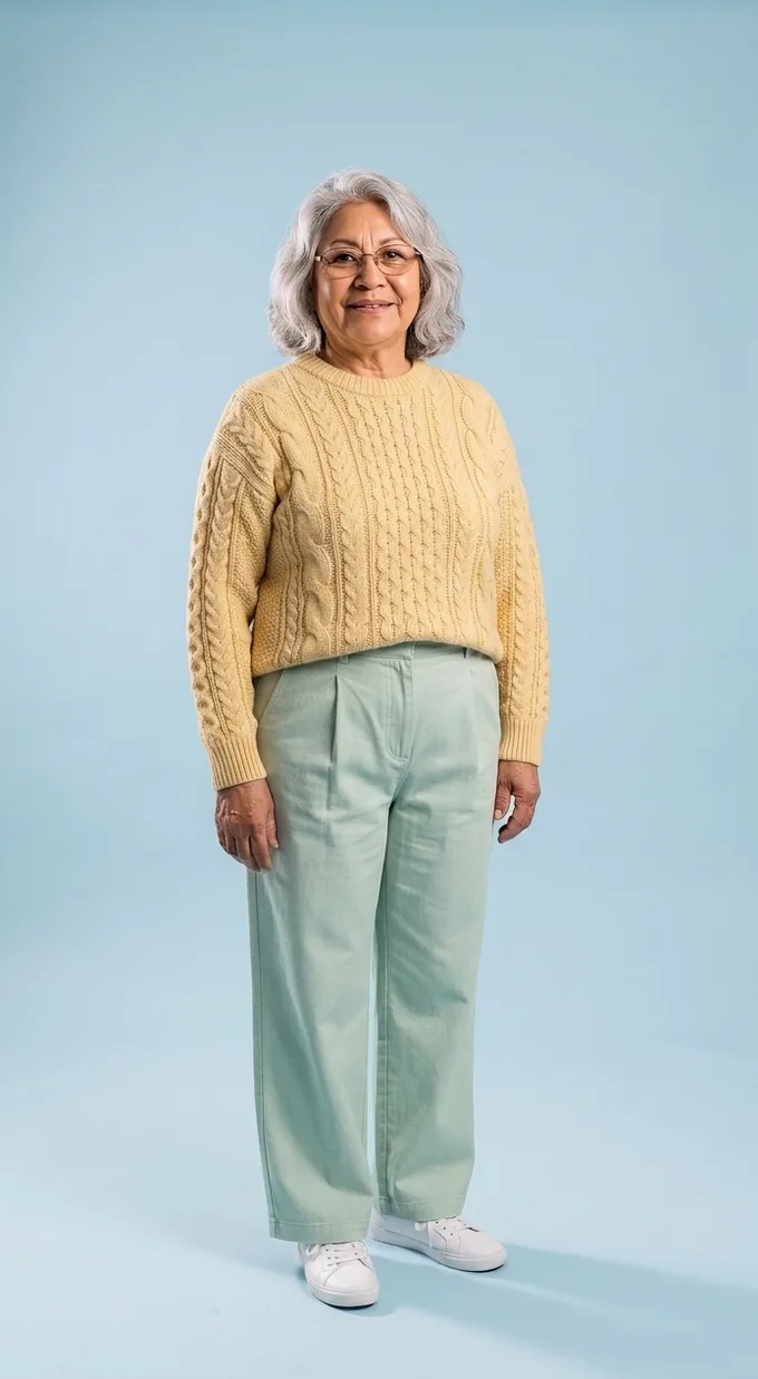 Rosa in the yellow cable sweater and mint wide-leg trousers